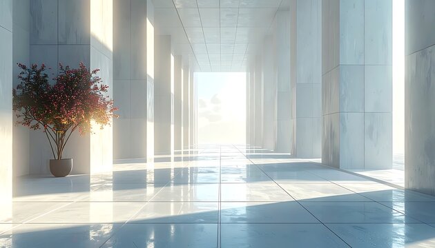 Serene interior with columns and plant.