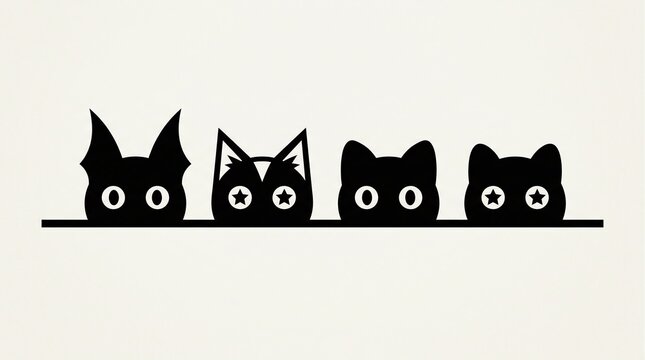 Four black cat heads peeking over a ledge