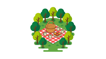 Isometric Picnic Scene in a Forest Clearing with Basket and Food © Naufal Zidan