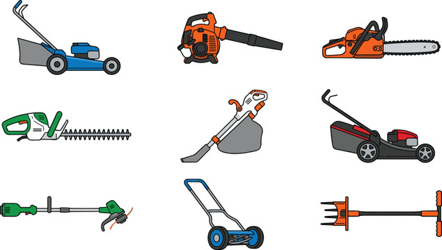 Garden Power Tools and Lawn Care Equipment Vector Illustration Set Featuring Lawnmowers Chainsaw Leaf Blower Hedge Trimmer and String Trimmers for Gardening Maintenance