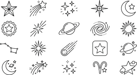 Space and star line icon set with planets moon galaxy comets constellations astrology night sky celestial universe elements © vector design 