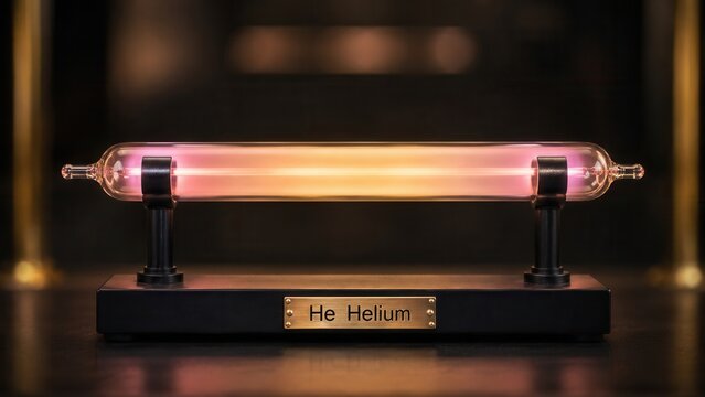 Helium gas discharge tube shows bright colors when electrical current passes through it in a laboratory setting
