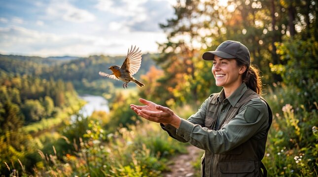 Woman park ranger releasing small bird in forest. Biologist caring for wildlife in nature. Ecological conservation and environmental protection concept. Sunny day in national park wilderness