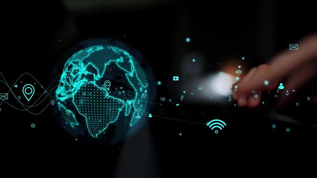 A captivating digital representation of a globe emphasizing global connectivity through technology, showcasing interaction, data flow, and modern communication elements. Xenic