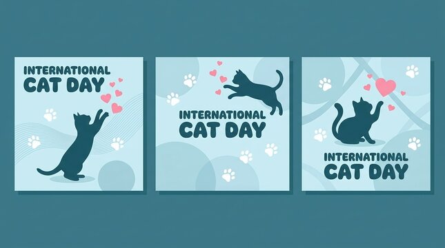 International cat day social media post templates with cute cat silhouettes