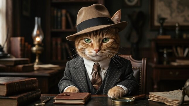 Detective cat in a suit and fedora sitting at an office desk