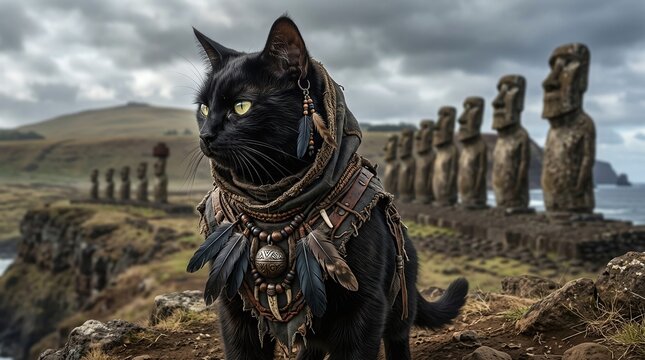 Majestic black cat dressed in tribal attire standing before moai statues