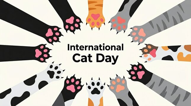 International cat day illustration with various cat paws in a circle