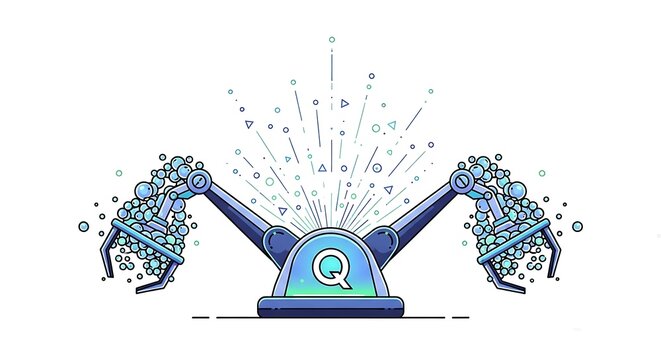 Futuristic device with letter Q, mechanical arms holding bubbles, dynamic particle explosion effect.
