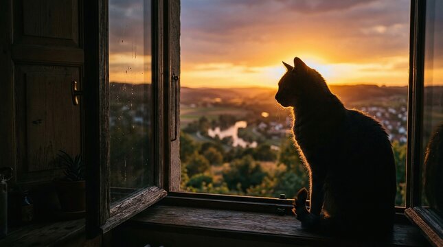 A black cat sitting on a windowsill overlooking a scenic sunset landscape