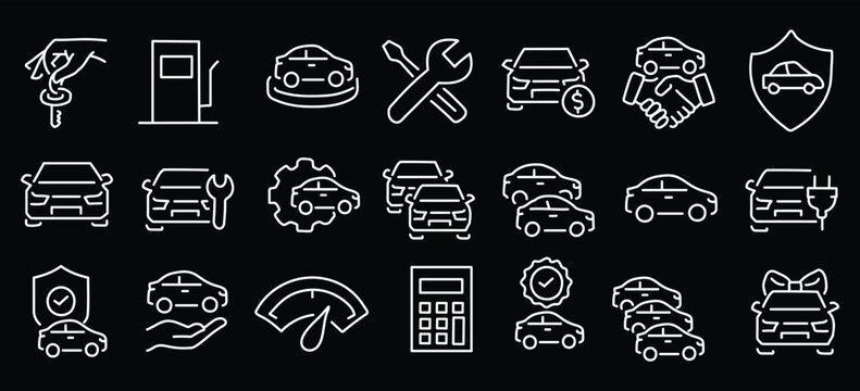 Car dealer, vehicle and automobile industry related editable stroke outline icons set isolated on white background flat vector illustration. Pixel perfect. 64 x 64.