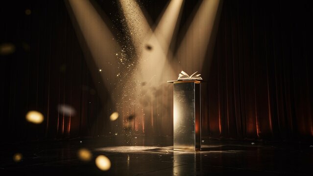 Golden pedestal with open book under spotlight with falling glitter podium