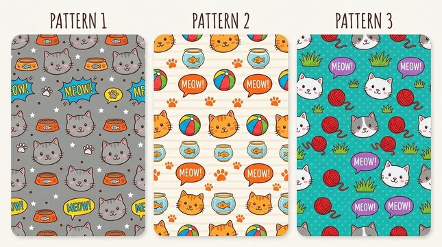 Seamless patterns with cute cats, fish bowls, yarn balls and meow text