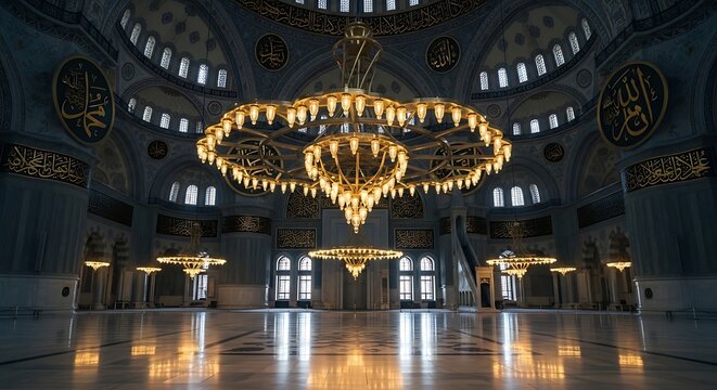 Fatih mosque interior with chandeliers in istanbul