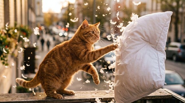 Playful ginger cat batting at a white pillow with flying feathers