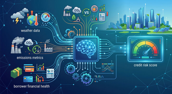 AI-powered climate risk credit scoring platform combining weather data, economic indicators and borrower financial health for credit risk assessment.