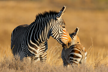 Fototapeta premium A Cape mountain zebra (Equus zebra) mare with foal in open grassland, Mountain Zebra National Park, South Africa