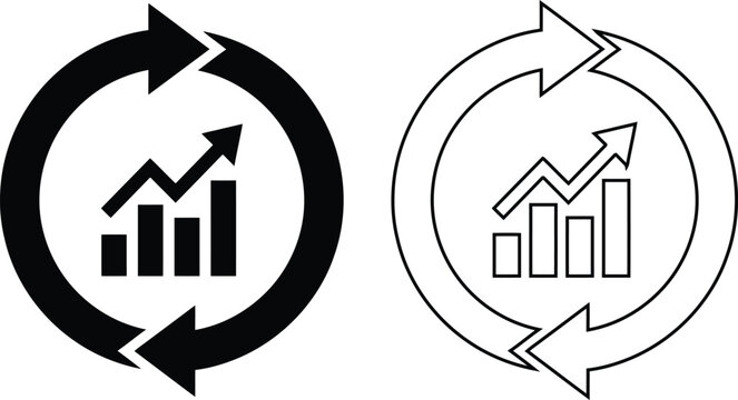 growth chart and recycle arrow vector icons featuring a solid black silhouette and clean outline design for business progress, performance improvement, and strategy concepts.