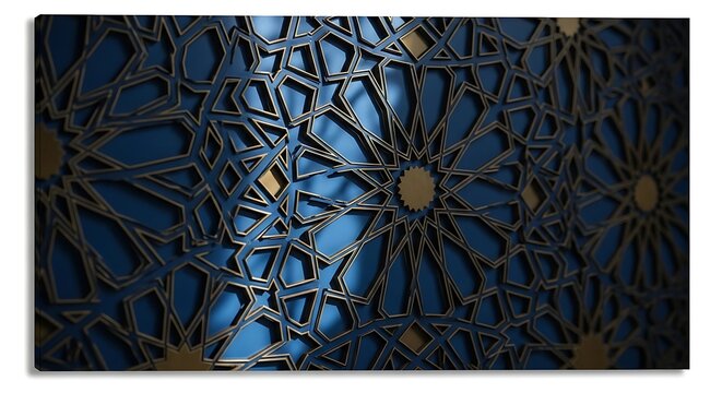 Geometric pattern with gold trim on blue wall