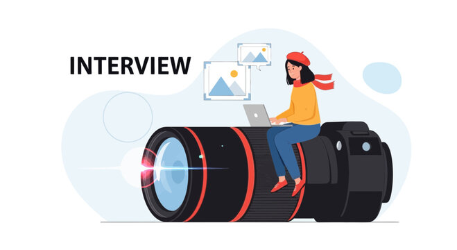 Creative Professional Interviewing or Working on Photography Project with Laptop on Camera Lens
