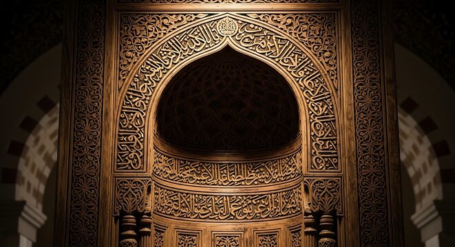 Ornate wooden mehrab with arabic calligraphy