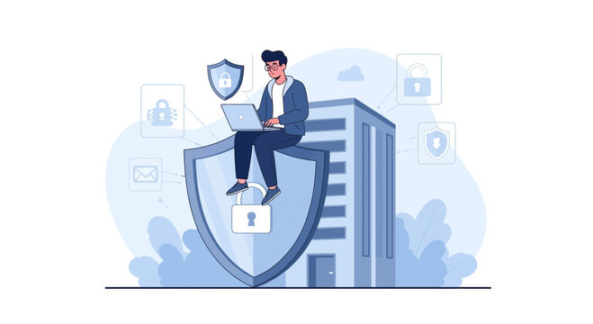Digital Security Concept: Person with Laptop on Shield Protecting Building and Data