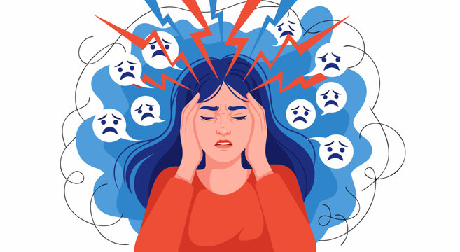 Mental Health Stress and Anxiety Concept Vector Illustration Featuring a Distressed Woman Surrounded by Negative Thoughts and Chaos