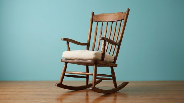 Old wooden rocking chair with white upholstered seat cushion sitting solitary on polished hardwood floor surface against soft teal wall in empty minimalistic room.