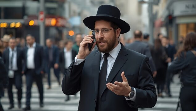 A Haredi businessman conversing on the phone.