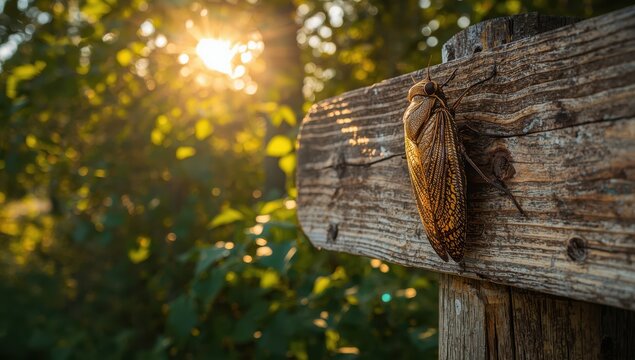 A cicada shell adhered to a sign