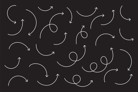 Hand drawn thin line arrows set. Many vector curvy arrow set