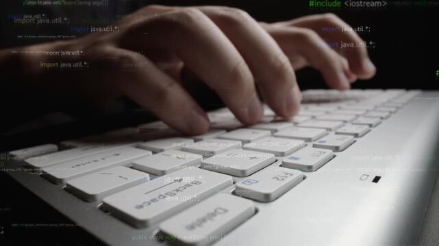 A close-up shot of hands actively typing on a modern keyboard, with snippets of code overlaying, illustrating the dynamic world of programming and digital technology. Xenic