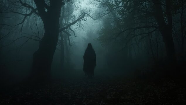 A shadowy apparition gliding through a foggy woodland at dusk. Eerie idea.