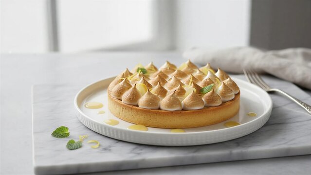 Beautiful whole lemon meringue tart with toasted peaks, elegant white ceramic plate on white marble board, lemon curd drops, bright soft natural light, modern dessert food background