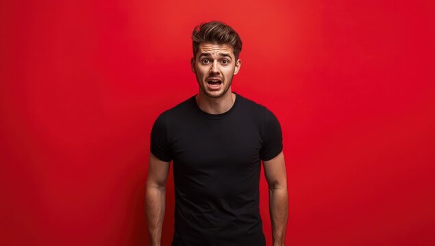 Attractive young white man feeling anxious and frightened against a red backdrop.