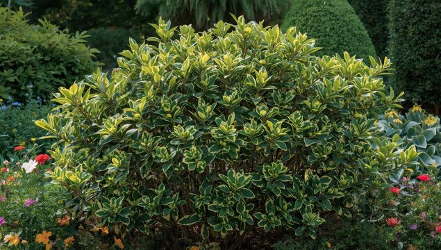 Aucuba japonica 'Picturata'; variegated spotted laurel, evergreen shrub