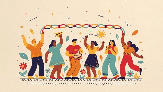 Diverse Friends Celebrating Unity and Community with Linked Hands Music and Dance in Colorful Folk Art Illustration