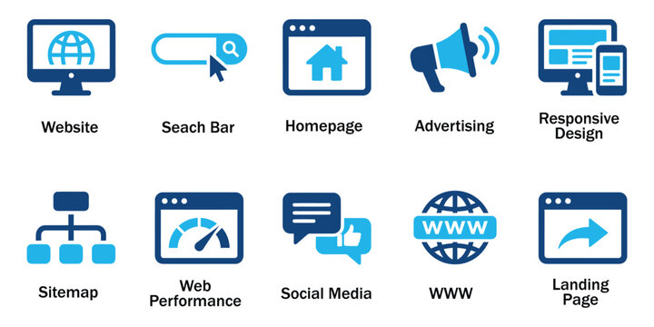 Digital marketing solid icons and SEO optimization glyph elements. Vector illustration of flat blue business web layout responsive design signs representing website template.