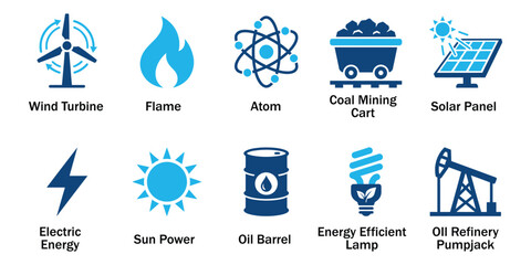 Green energy solid icons and renewable power industry elements. Vector illustration of flat blue solar panel wind turbine with oil barrel lamp signs representing electricity template. © MdNurul