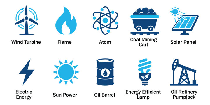 Green energy solid icons and renewable power industry elements. Vector illustration of flat blue solar panel wind turbine with oil barrel lamp signs representing electricity template.