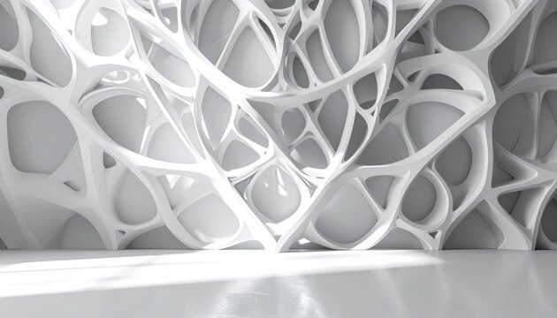 Intricate white parametric lattice structure in bright room.