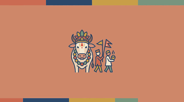 Kukur Tihar Festival Illustration with Decorated Cow and Nepal Flag