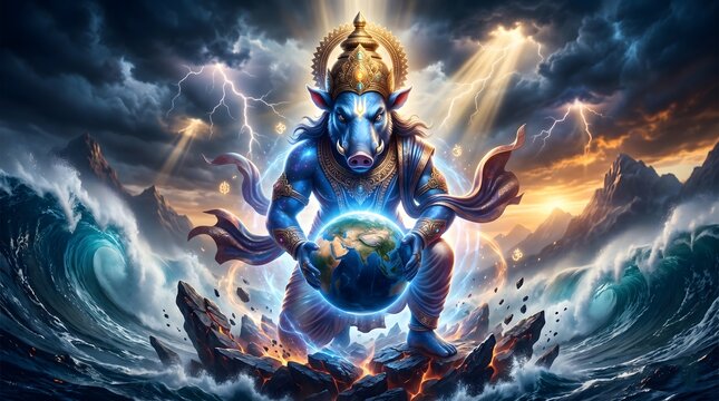 Varaha avatar deity holding earth amidst cosmic ocean
