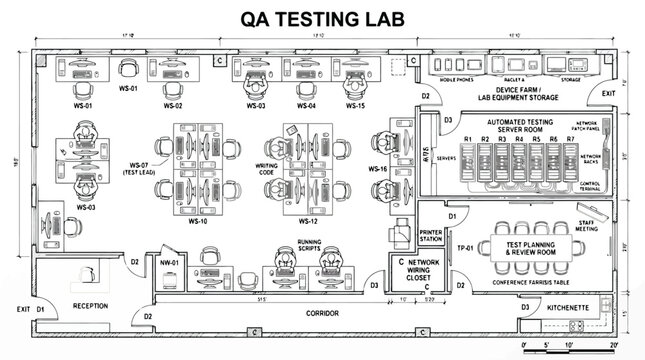 Architectural blueprint of aQA testing lab with workstations, servers, and testing equipment QA testing lab