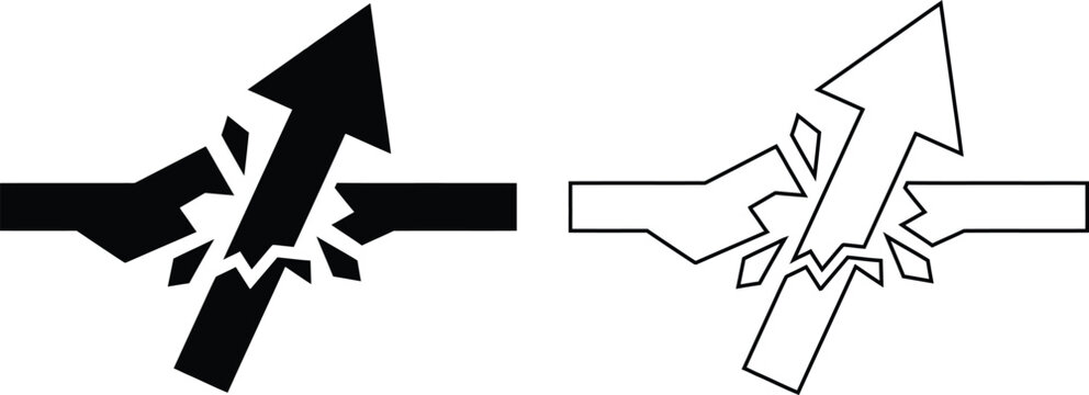 Minimalist flat vector icon set featuring a rising upward arrow breaking through a barrier to represent business growth, success, and breakthrough in solid black silhouette and outline.