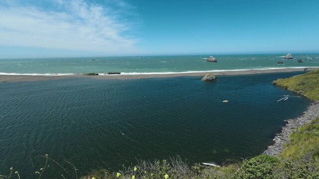 Russian River estuary blocked from the Pacific Ocean by a natural sandbar