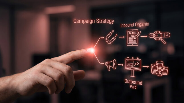 Close-up of a human hand pointing at a glowing coral pink digital marketing campaign strategy diagram with inbound organic and outbound paid icons on a dark blurred background