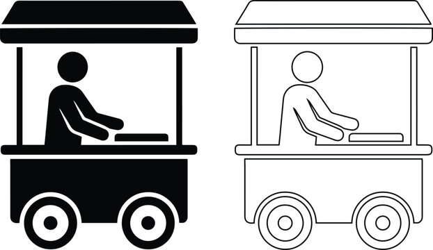 Street food cart vendor icon in black silhouette and outline styles for market stall or retail shop design projects.