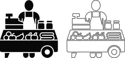 Vector icon set features a street vendor standing behind a mobile cart stall selling fresh fruit, vegetables, and food in both black silhouette and line outline styles. © Shah Hasanuzzaman
