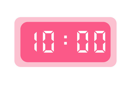 pink digital clock, showing 10:00 with white numbers on a white background